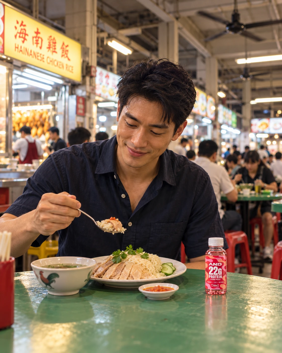 A man eating chicken rice at a hawker centre, an AND+ Protein Shot on the table